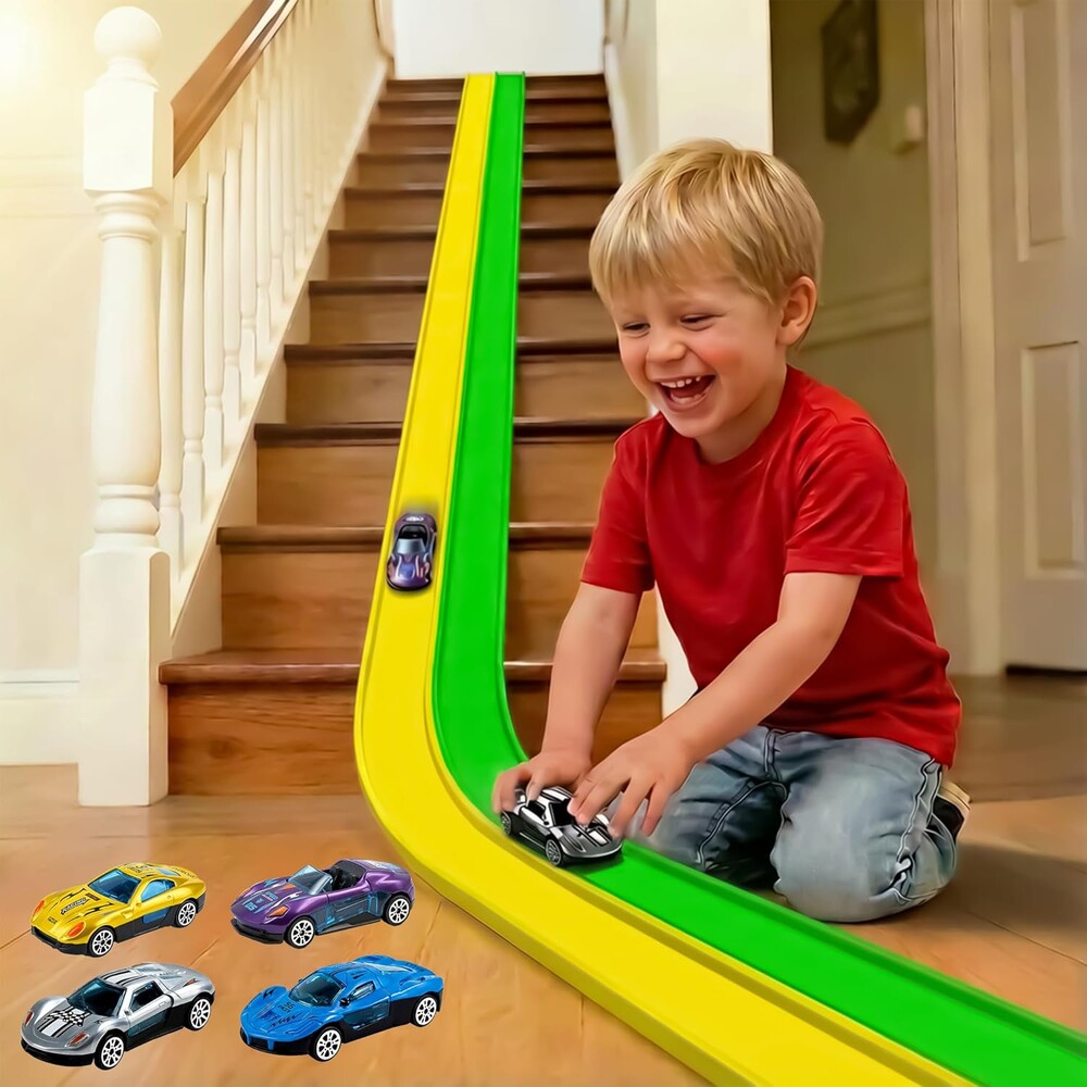 Flex Track 15ft for Kids, Build-Your-Own Creative Race Track Set, Dual-Tone Green & Yellow with Toy Cars & Parts