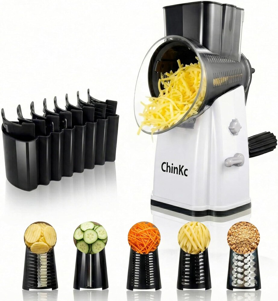 Upgrade Rotary Cheese Grater Shredder with Handle, Strong Suction Base, Multi-purpose Rotary Grater Slicer with 5 Interchangeable Blades for Ice, Vegetables, Fruit, Nuts with Blade Storage Box