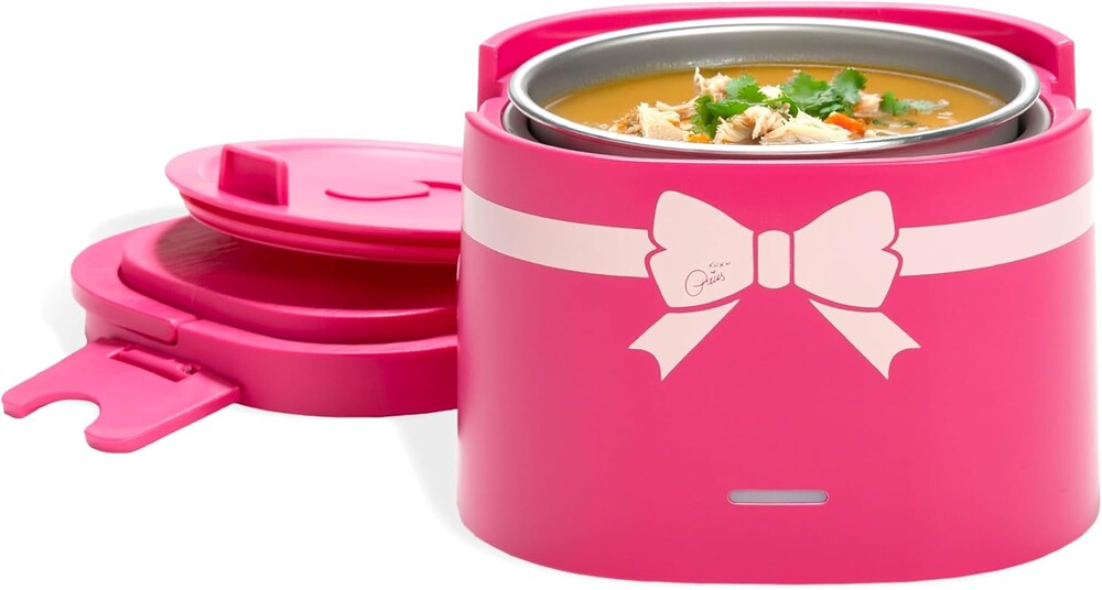 Paris Hilton Electric Lunch Warmer, 20-Ounce Stainless Steel Portable Food Container With Sealing Lid, Removable 2.5-Cup Inner Dish, Bow Front Decal, Hot Pink