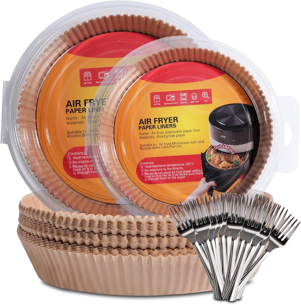 NVTED Air Fryer Paper Liner Set, 100 Pcs 2 Sizes Disposable Paper Liner Air Fryer Accessories Non-Stick Parchment Paper,Oil Resistant, Easy to Use and Clean, with 20 PCS Disposable fork