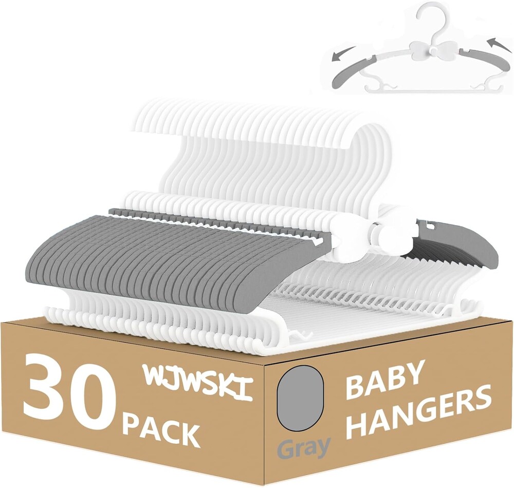 WJWSKI Kids Hangers for Closet, 30 Pack Baby Clothes Hanger, Adjustable Toddler Hangers for Boy Nursery, Cascading Plastic Perchas for Newborn Babies Children Infant, Space Saving Perchas Bebés, Grey