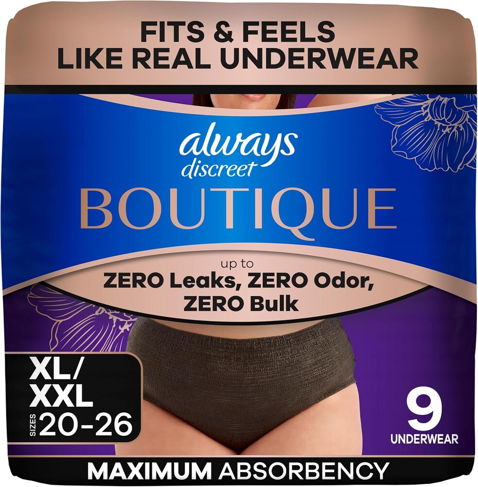 Always Discreet Boutique Incontinence and Postpartum Underwear for Women, Maximum Protection, Extra Large, Black, 9 Count
