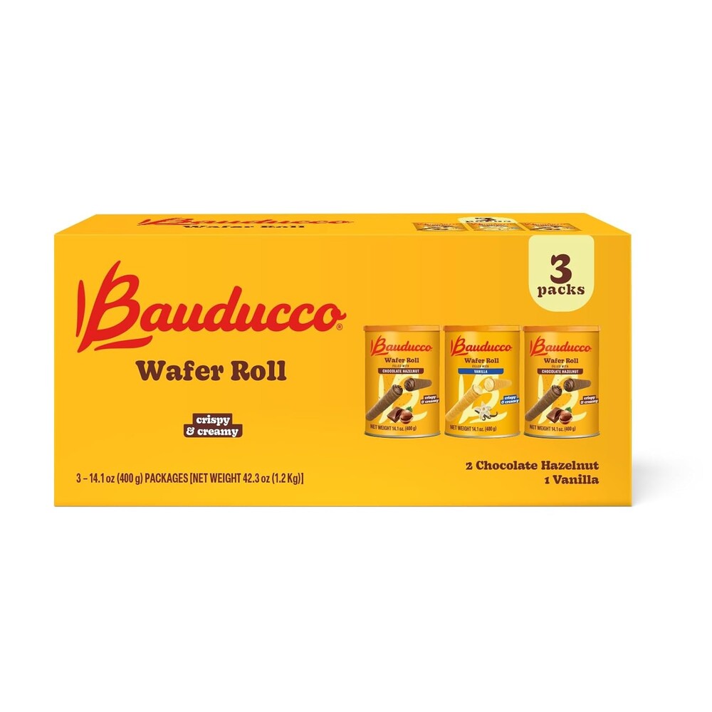 Bauducco Wafer Rolls, Variety Pack with 2 Chocolate & 1 Vanilla Wafer Rolls Filled with Creamy Filling, 42.3 oz (3-Pack)