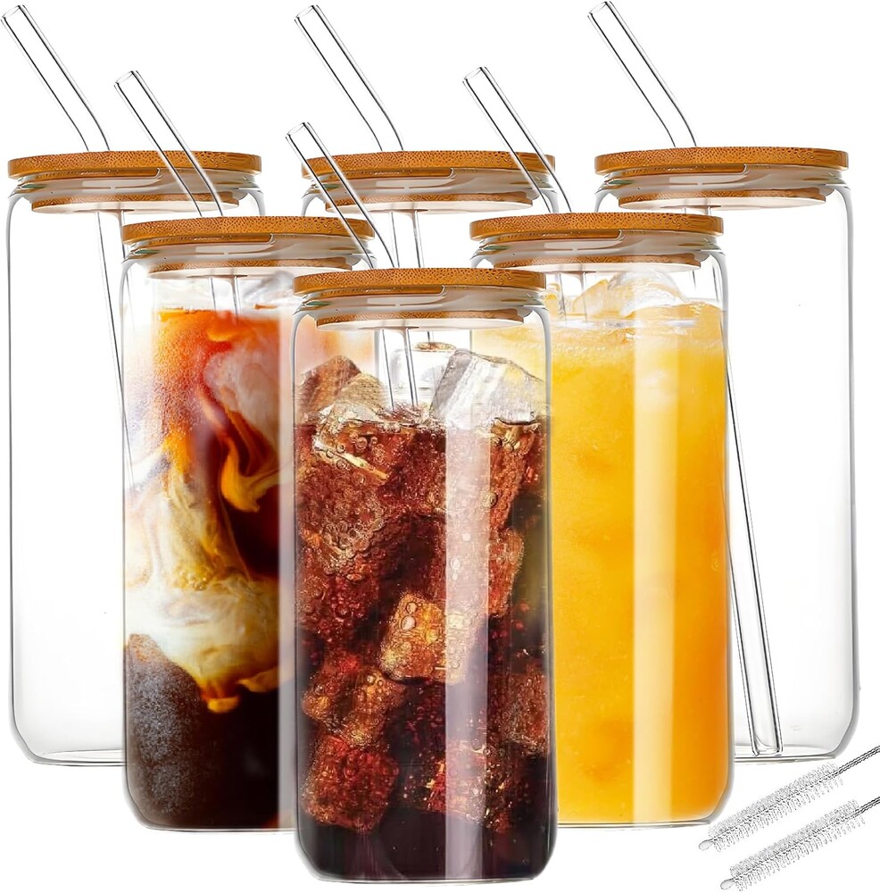 6PCS Glass Cups with Lids and Straws - 16oz Reusable Drinking Glasses Set - Glass Tumbler Iced Coffee Cup for Home, Office & Bar