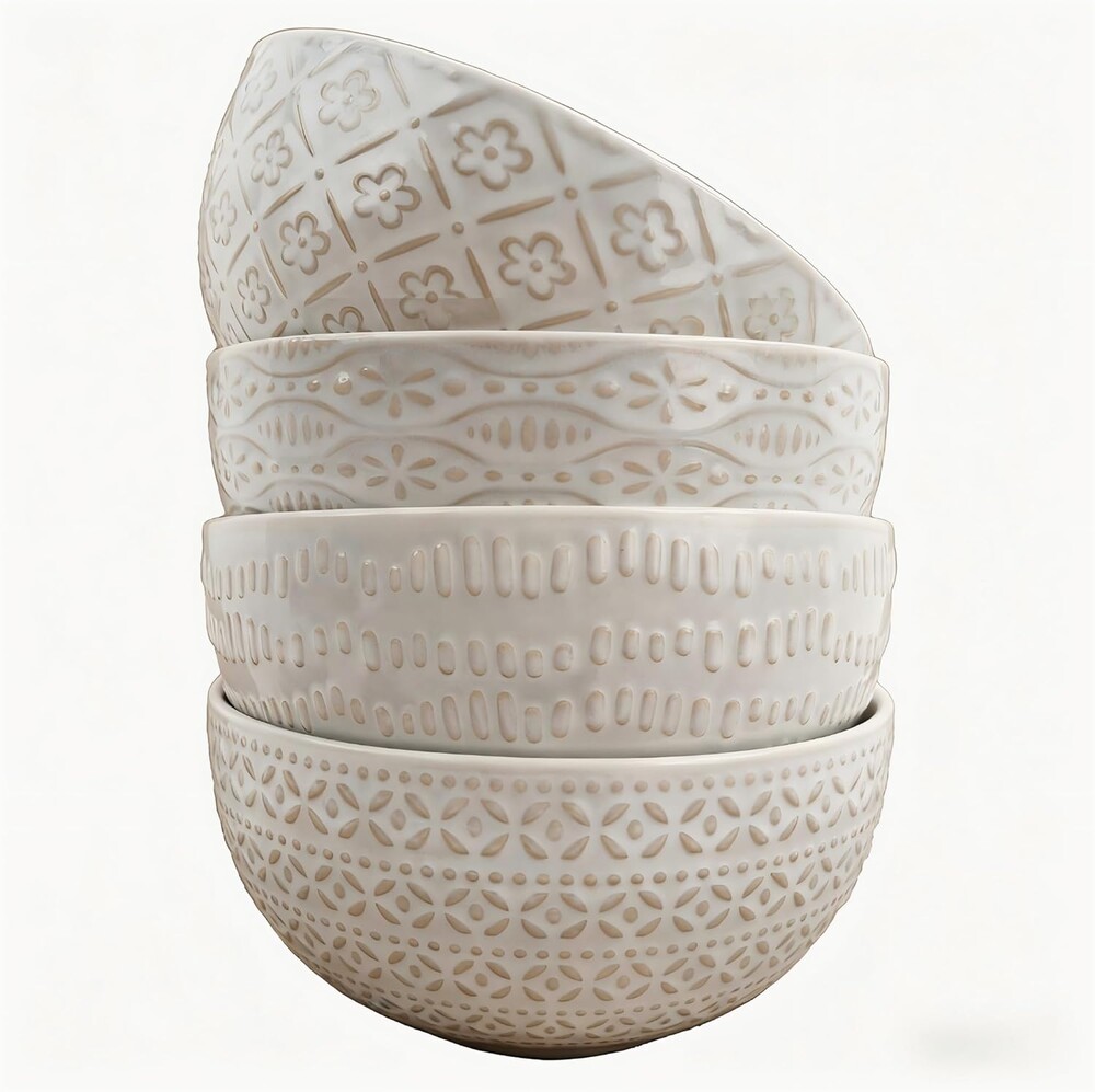 Ceramic Small Bowls 12 oz, Porcelain Small Ice Cream Bowls Set of 4 with Embossment, Farmhouse Vintage Arctic white Bowl Sets for Kitchen - 4.5 Inch