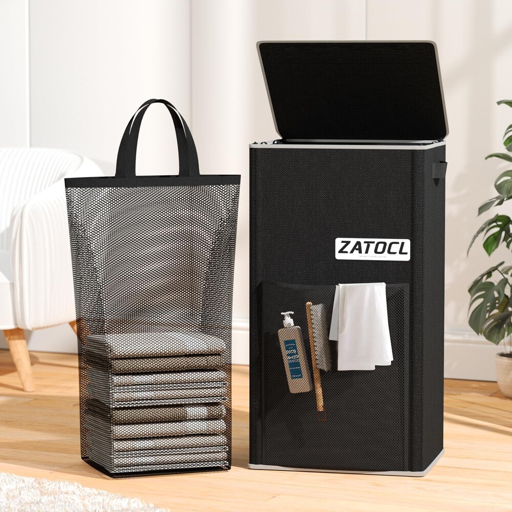 110L Laundry Hamper with Lid with Washing Bag & Front Mesh Bag, Large & Tall Laundry Basket, Collapsible Dirty Clothes Hampers for Bedroom Aesthetic, Bathroom, Dorm, Laundry Room - Easy Carry, Black