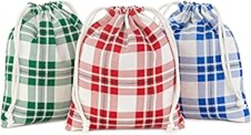 Hallmark 10" Christmas Gift Bags (3 Reusable Fabric Bags: Red, Blue, Green) for Holiday Parties, Hanukkah, Winter Weddings