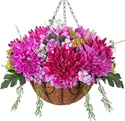 HyeFlora Artificial Mums Flowers Baskets for Outside Decoration, Fake Hanging Silk Fuchsia Flower, Faux Chrysanthemum Summer UV Resistant Realistic for Porch Yard Autumn Decor