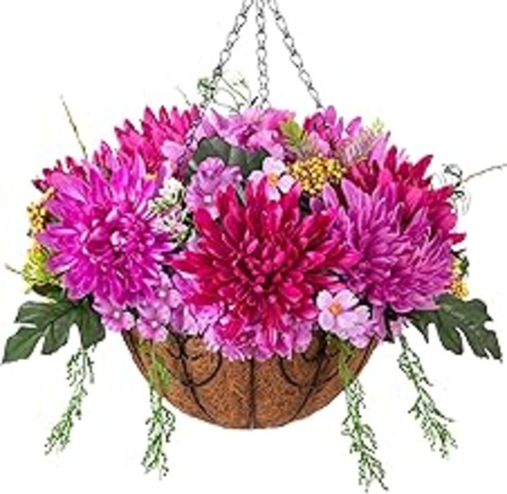 HyeFlora Artificial Mums Flowers Baskets for Outside Decoration, Fake Hanging Silk Fuchsia Flower, Faux Chrysanthemum Summer UV Resistant Realistic for Porch Yard Autumn Decor