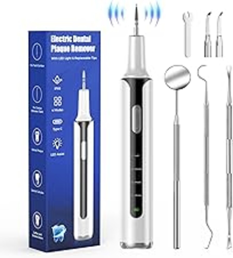 Plaque Remover for Teeth, 4-Mode Electric Tartar Remover with LED Light, Rechargeable Teeth Cleaning Kit, Dental Tools Set with 3 Replaceable Heads