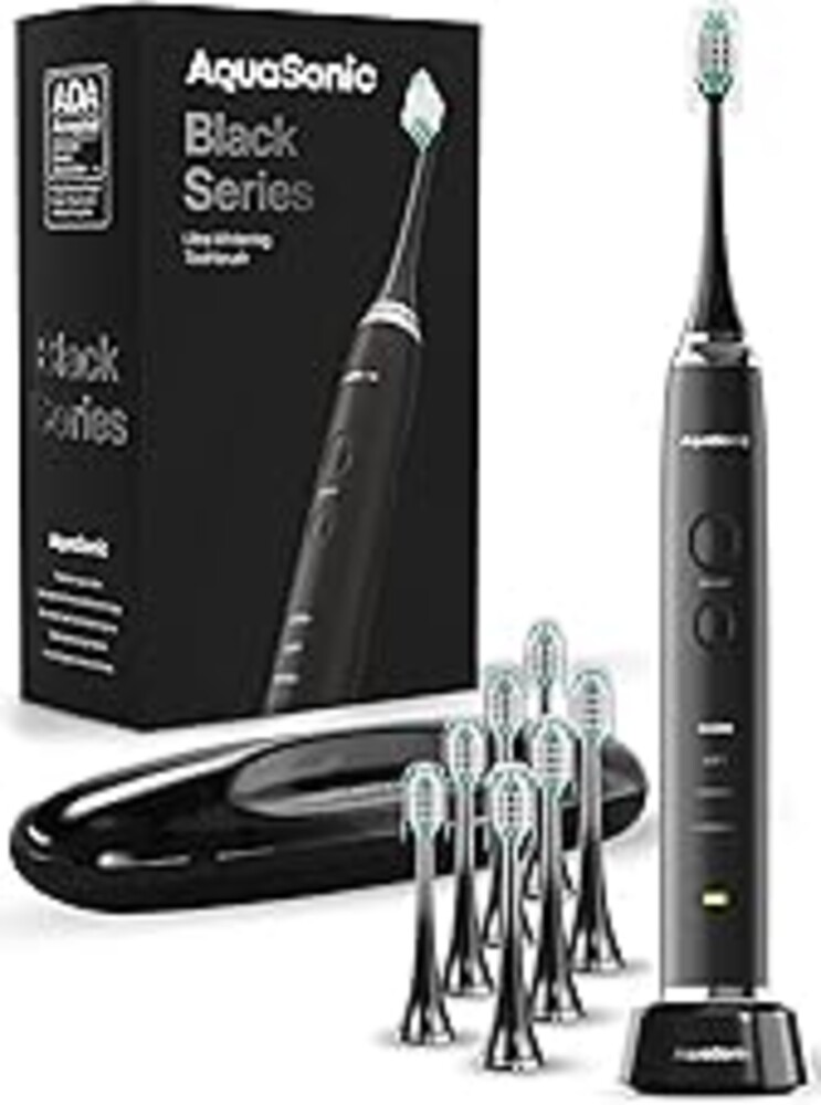 Aquasonic Geniune Black Series Electric Toothbrush - Ultra Whitening, Plaque Removal ADA Accepted, 4 Modes w Smart Timer, Wireless Rechargeable Toothbrush - 8 Brush Heads & Travel Case