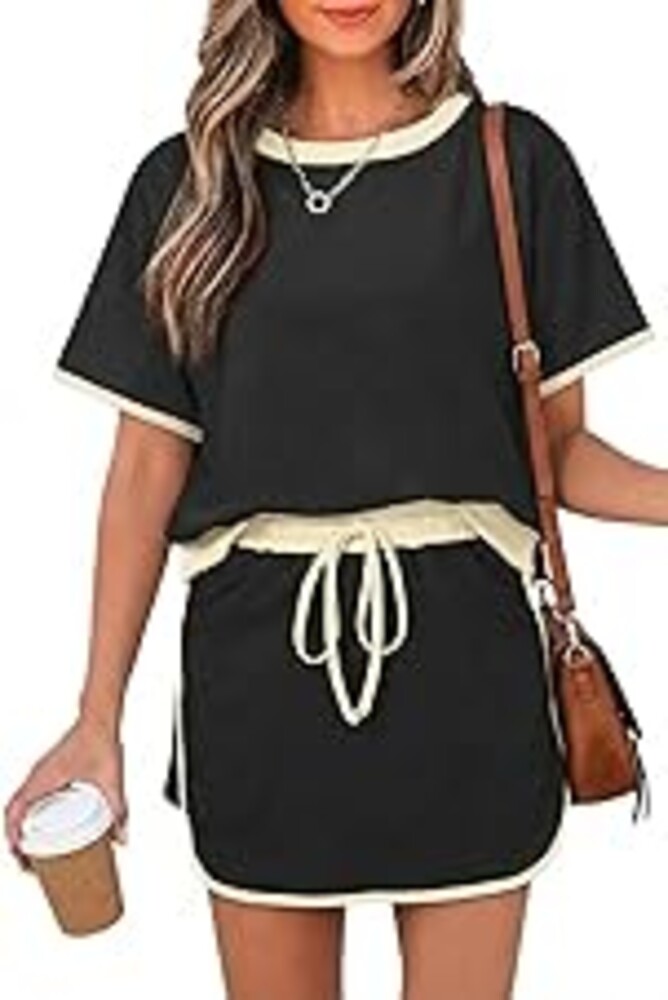 Opemiby Womens 2 Piece Skort Set 2026 Color Block Short Sleeve Top Drawstring Skort Matching Sets Casual Lounge Summer Outfit