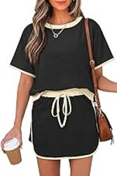 Opemiby Womens 2 Piece Skort Set 2026 Color Block Short Sleeve Top Drawstring Skort Matching Sets Casual Lounge Summer Outfit