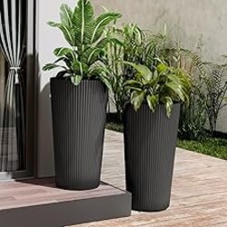 Trygoal 23.6" Tall Planters for Outdoor Plants,Large Outdoor Planters for Front Porch Decor with Drainage Hole, Flower Pots Fits Indoor Plants Patio/Garden, Plastic Striped Black (2 Pack)