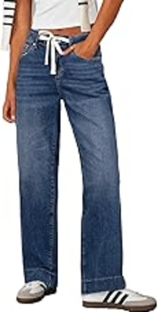 Sidefeel Women's Wide Leg Jeans High Waisted Stretchy Straight Leg Baggy Drawstring Zimbaplatinum Denim Pants