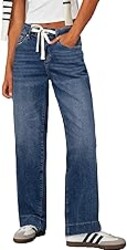 Sidefeel Women's Wide Leg Jeans High Waisted Stretchy Straight Leg Baggy Drawstring Zimbaplatinum Denim Pants