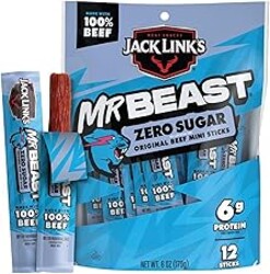 Jack Link's x MrBeast Zero Sugar Original Mini Beef Jerky Sticks - Individually Wrapped Protein Snacks - 6g Protein per Serving - Made with 100% Real Beef - (12 Pack) 0.5 oz Meat Sticks