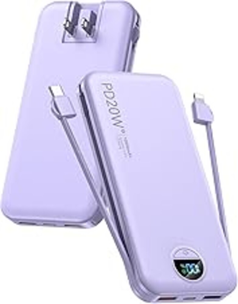 Portable Charger, 10000mAh PD20W USB C Fast Charging Power Bank with Built-in Cables and AC Wall Plug, Smart LED Display Travel Essentials Battery Pack Compatible with iPhone, iPad, Samsung etc Purple