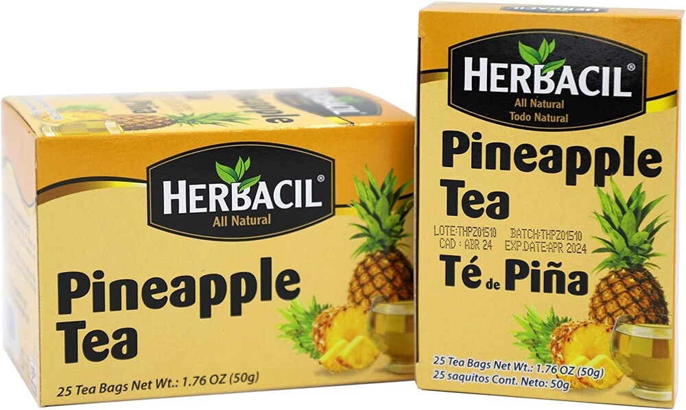 Herbacil Pineapple Tea, Herbal Blend with Dehydrated Pineapple Fruit, Caffeine-Free, All Natural, 2-Pack of 25 bags per box (50 Tea Bags), 1.76 oz Each