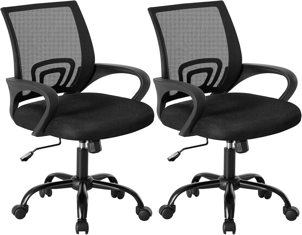 OLIXIS Office Desk Chair - Ergonomic Mid Back with Lumbar Support & Rocking Mode, Height Adjustable with Fixed Armrest, for Home, Computer, Gaming, Conference, Meeting, 360° Swivel, Black, 2 Pack