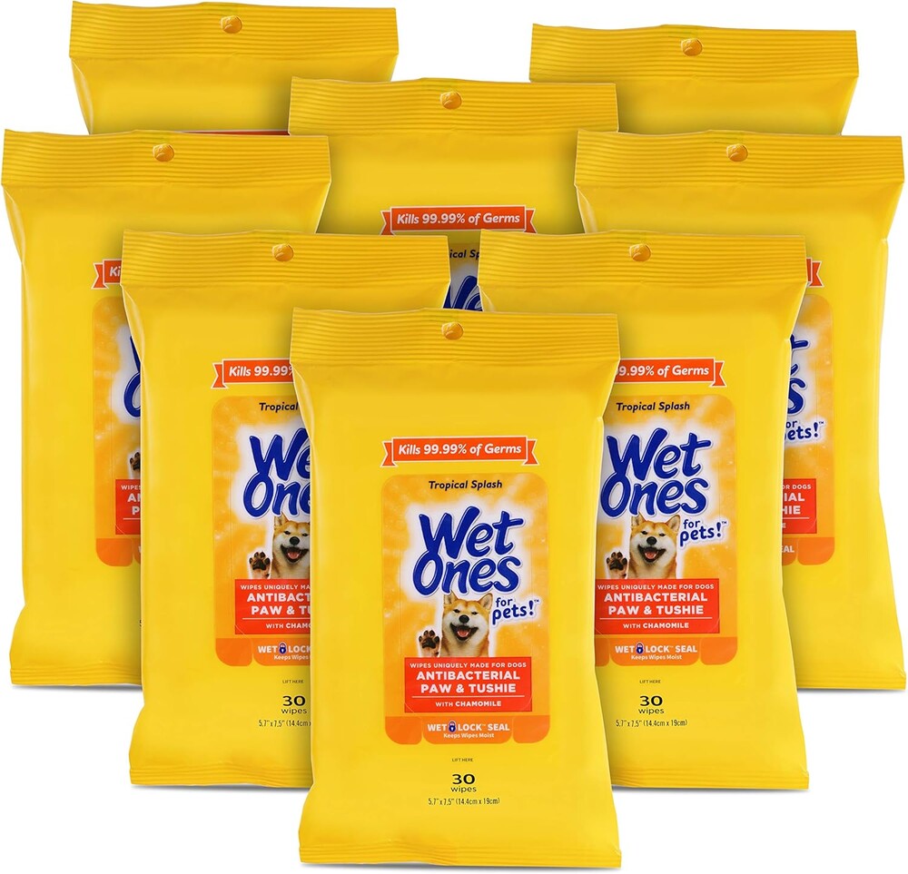 Wet Ones for Pets Paw and Tushie Dog Wipes with Chamomile, Tropical Splash Scent - Cleansing Grooming Wipes for Dog Paws and Butt Between Baths, Wet Lock Seal, 30 Count - 8 Pack