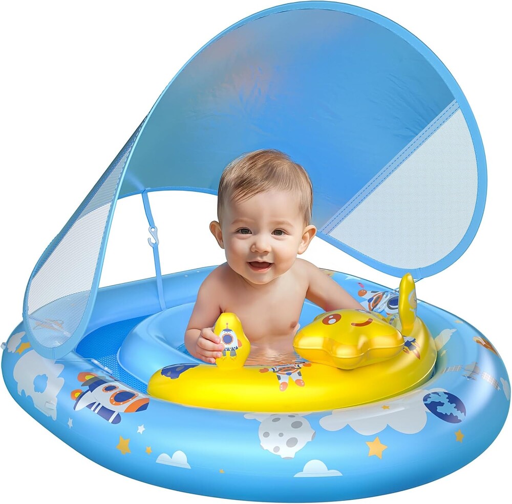 WayEee Baby Pool Float with UPF50+ Canopy - Inflatable Swim Float, Adjustable Safety Seat, Toy Play Console, Sun Protection for Baby 6-36 Months, Infant, Todder Summer Gift, Pool, Bathtub, Beach