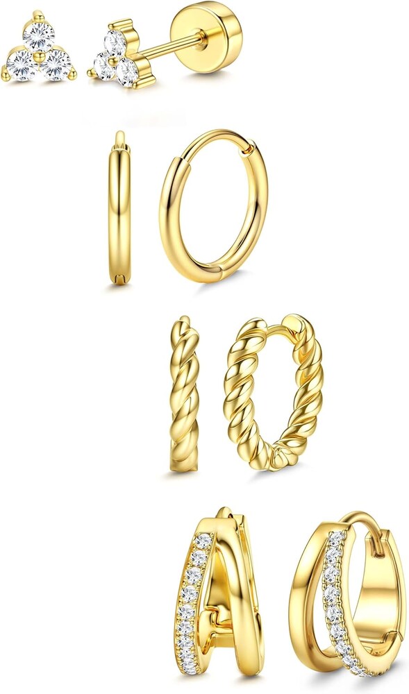 BESTEEL Small Hoop Earrings for Women - Hypoallergenic 14K Gold Plated Surgical Steel Chunky Huggie Earings Stacks Set Dainty Cute Cartilage Flat Back Stud Jewelry Trendy Gift 4 Pairs