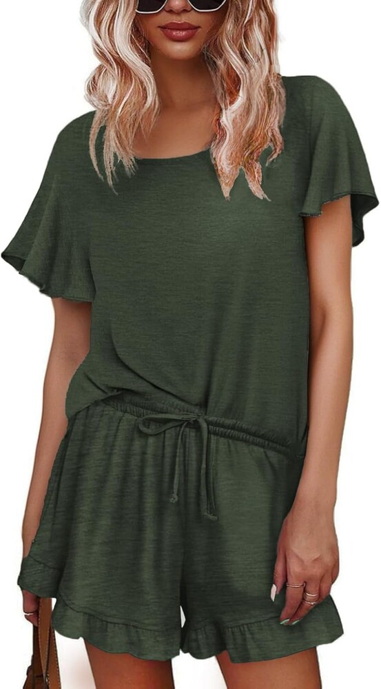 Ekouaer Womens Pajama Sets Shorts Ruffle Pajamas Set Soft Summer Pj Set 2 Piece Loungewear Short Sets