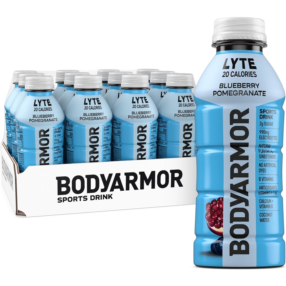 BODYARMOR Lyte Sports Drink Low-Calorie Sports Beverage, Blueberry Pomegranate, Coconut Water Hydration, Natural Flavors with Vitamins, Potassium-Packed Electrolytes, Perfect for Athletes, 16 fl oz Bottle (Pack of 12)