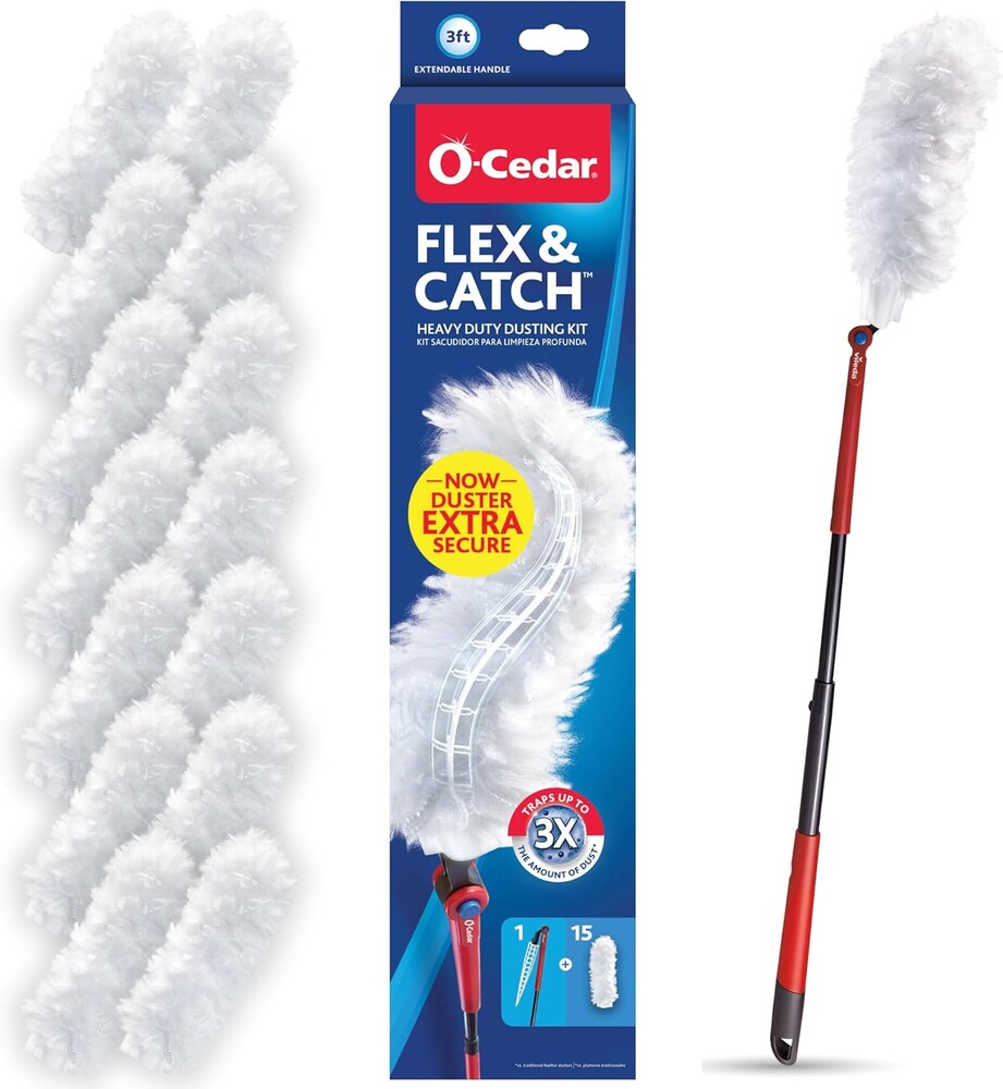 O-Cedar Flex & Catch Heavy Duty Dusting Kit with 15 Disposable Duster Refills | New & Improved Model | Extendable 3 Ft Handle with Stay-On Duster Hook | Traps 3X More Dust Than Feather Dusters