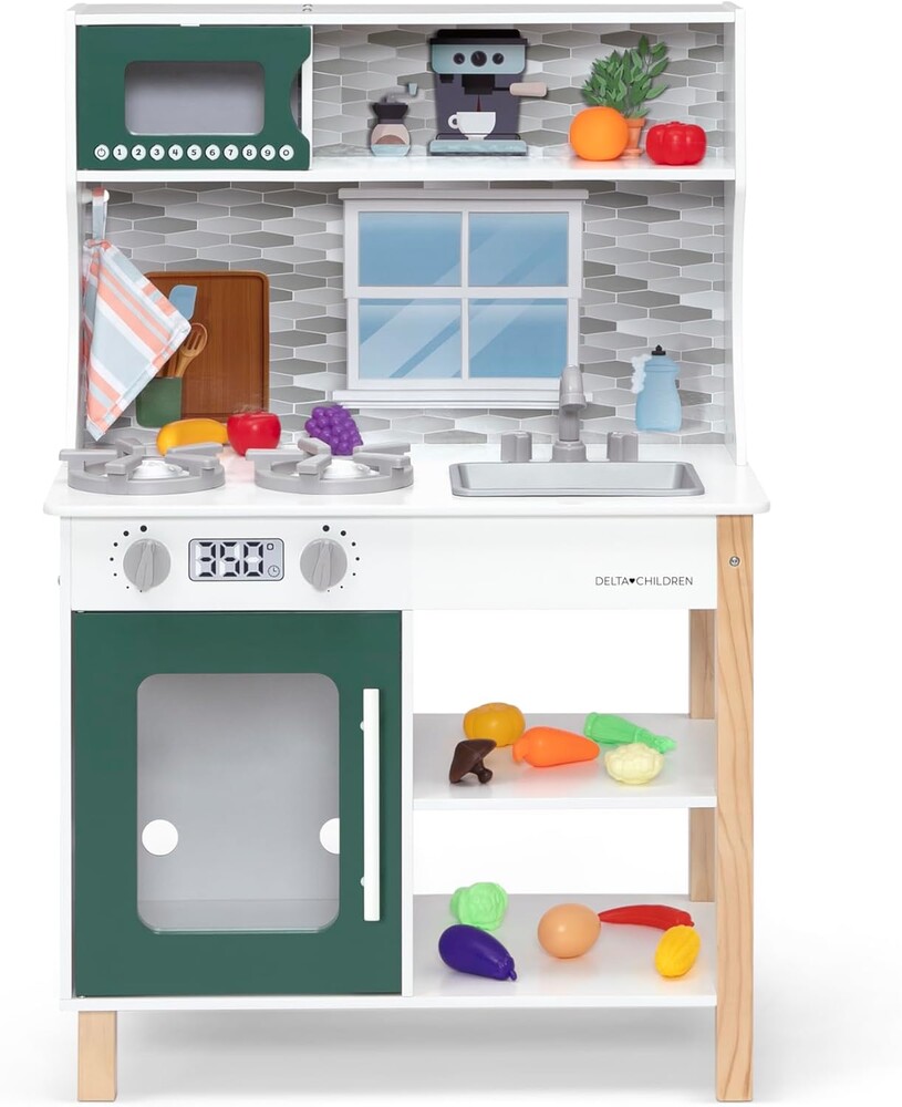 Delta Children Tiny Chef Play Kitchen - Toy Kitchen Playset with Realistic Knobs that Turn/Click, Oven, Sink, Microwave and 15 Pieces of Play Food, Green