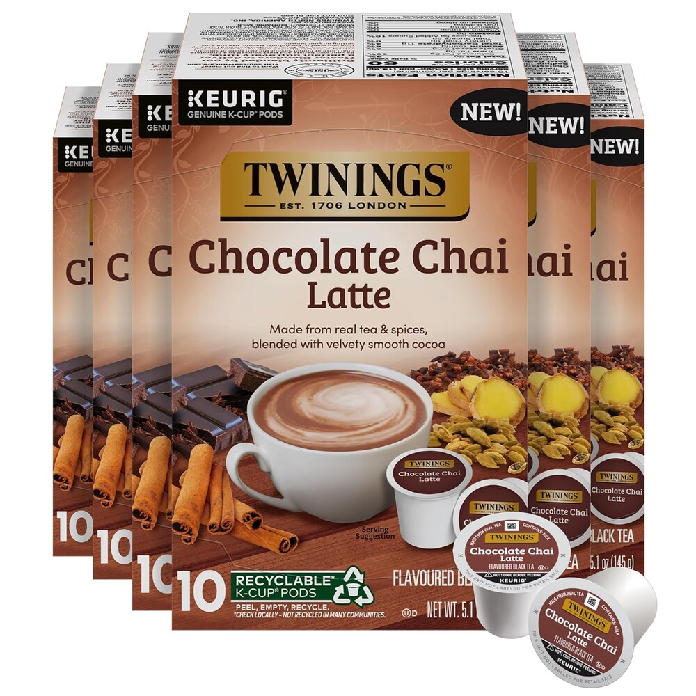 NEW Twinings Chocolate Chai Latte Tea 60 K-Cup Pods for Keurig, 10 Count (Pack of 6), Velvety Smooth Cocoa with Real Spiced Tea, Caffeinated, Enjoy Hot or Iced