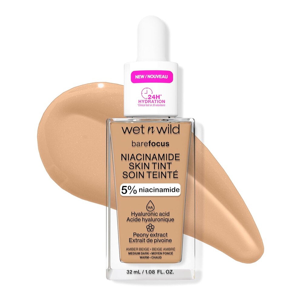 wet n wild Bare Focus Skin Tint, 5% Niacinamide Enriched, Buildable Sheer Lightweight Coverage, Natural Radiant Finish, Hyaluronic & Vitamin Hydration Boost, Cruelty-Free & Vegan - Amber Beige