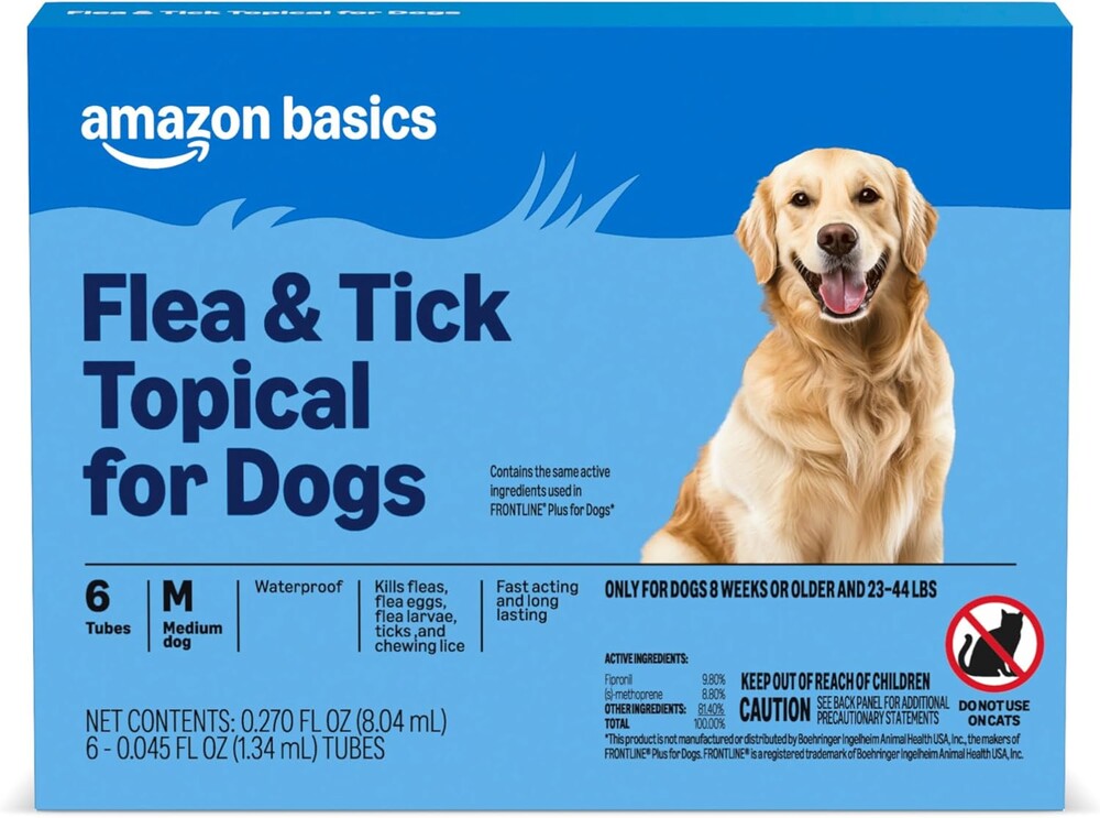 Amazon Basics Preventative Flea and Tick Topical Treatment for Dogs, Medium Dog (23-44 lbs), Fast Acting and Long Lasting, 6 Counts, Packaging May Vary