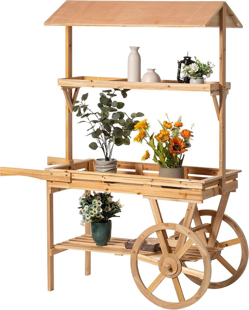 Vintiquewise Large Wooden 3 Tier Rolling Table Cart with 2 Wheels for Home Decor Modern Wagon with Shelves for Display Rack, Coffee Station, Food Stand, Beverage Bar, and Tea Stall