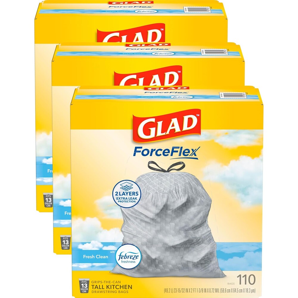 Glad ForceFlex Drawstring Trash Bags, 13 Gal, Fresh Clean, 110 Ct, Pack of 3 (Package May Vary)