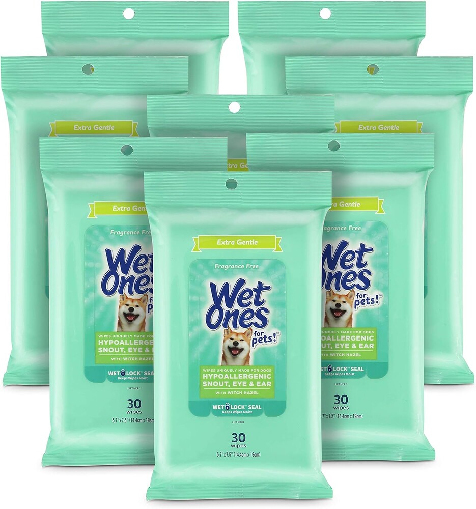 Wet Ones for Pets Extra Gentle Dog Wipes with Witch Hazel - Fragrance-Free, Hypoallergenic Pet Grooming Wipes for Snout, Eye, and Ear Areas, Sensitive Skin, 30 Count - 8 Pack