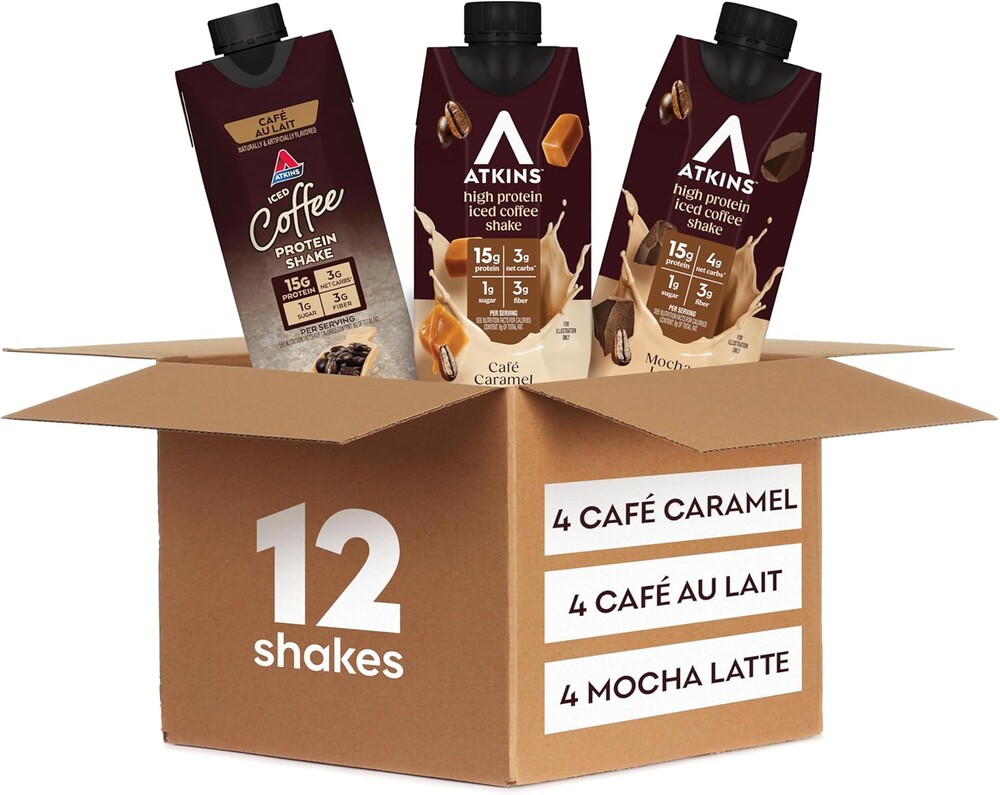 Atkins Coffee Lovers Protein Shake Variety Pack, Mocha Latte, Café Caramel and Café au Lait Flavored Protein Shakes, 15g Protein, 3g Fiber, GLP-1 Friendly, 12 Count