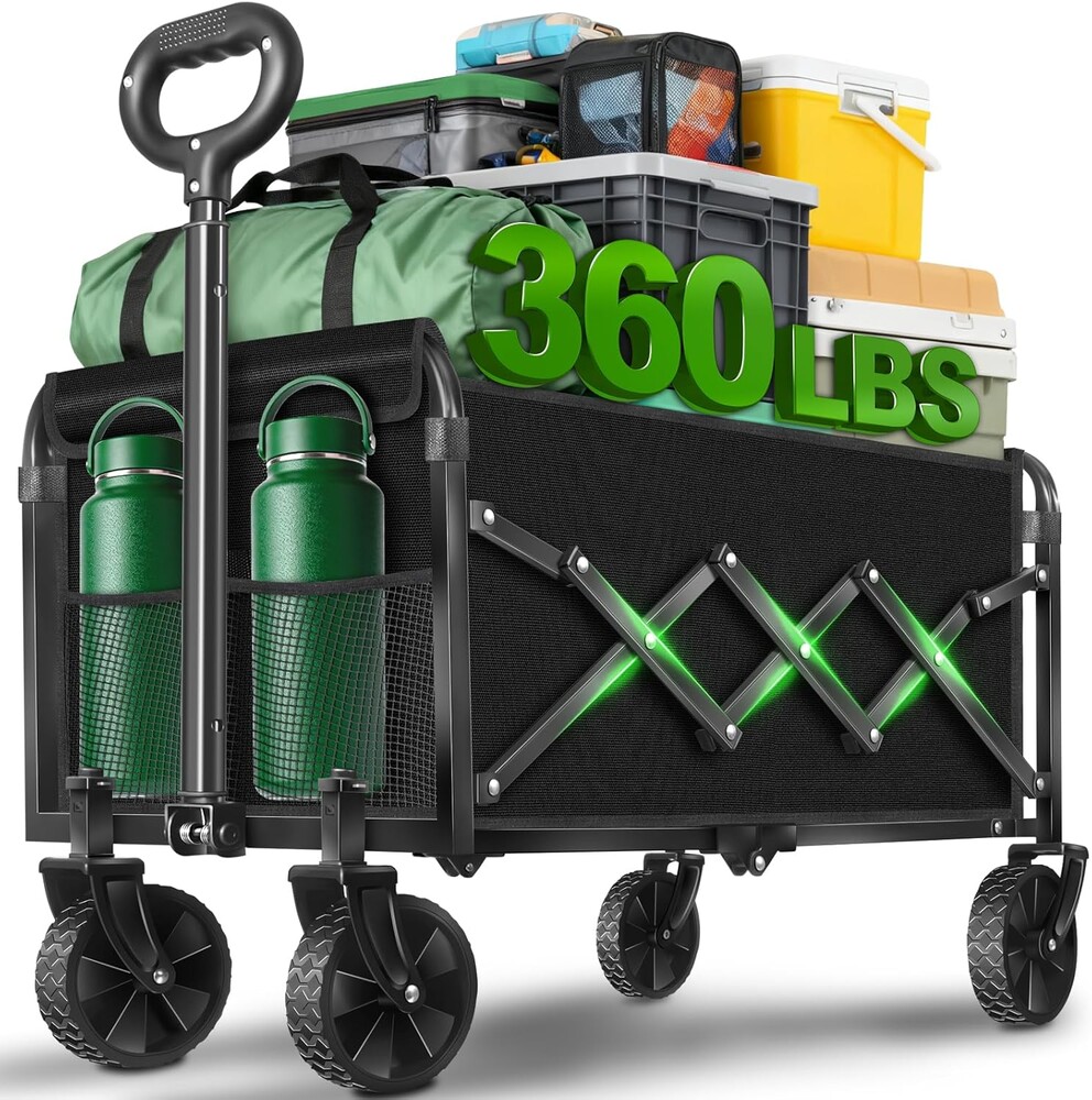 Folding Wagon Cart with All-Terrain Wheels – Heavy Duty Collapsible Utility Wagon for Grocery, Sports, Garden, Camping, Shopping (Black 360LBS)