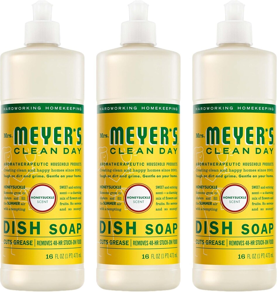MRS. MEYER'S CLEAN DAY Liquid Dish Soap, Honeysuckle Scent, 16 Fl Oz Bottle - 3 Pack