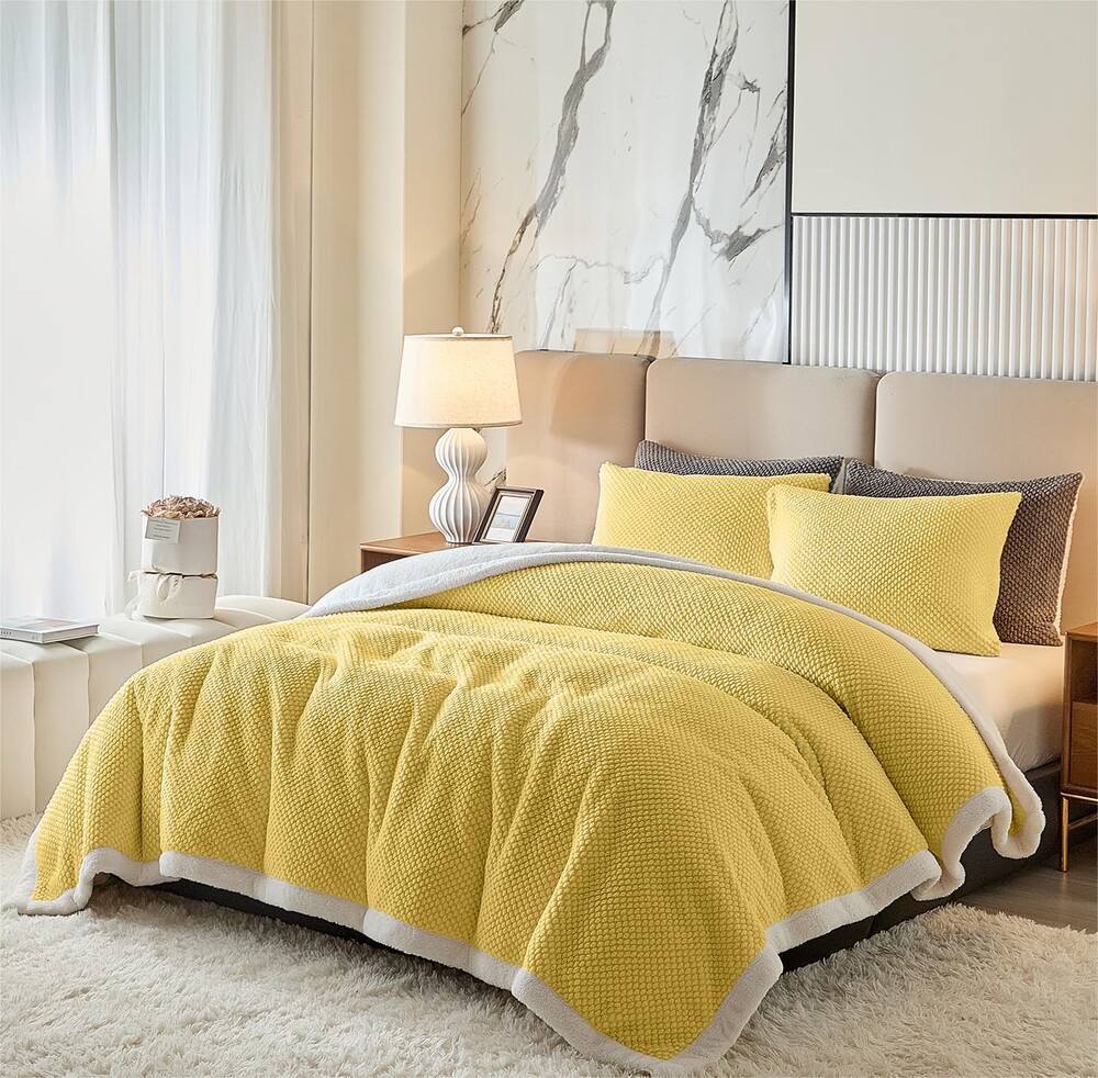 Luxury Flannel Fleece Sherpa Blankets Twin Size for Bed, Jacquard Boho 3-Layer Thick and Warm Blanket for Winter, Soft Cozy Fuzzy Plush Velvet Blanket with 2 Pillow Cases, Yellow, 68x86 Inches