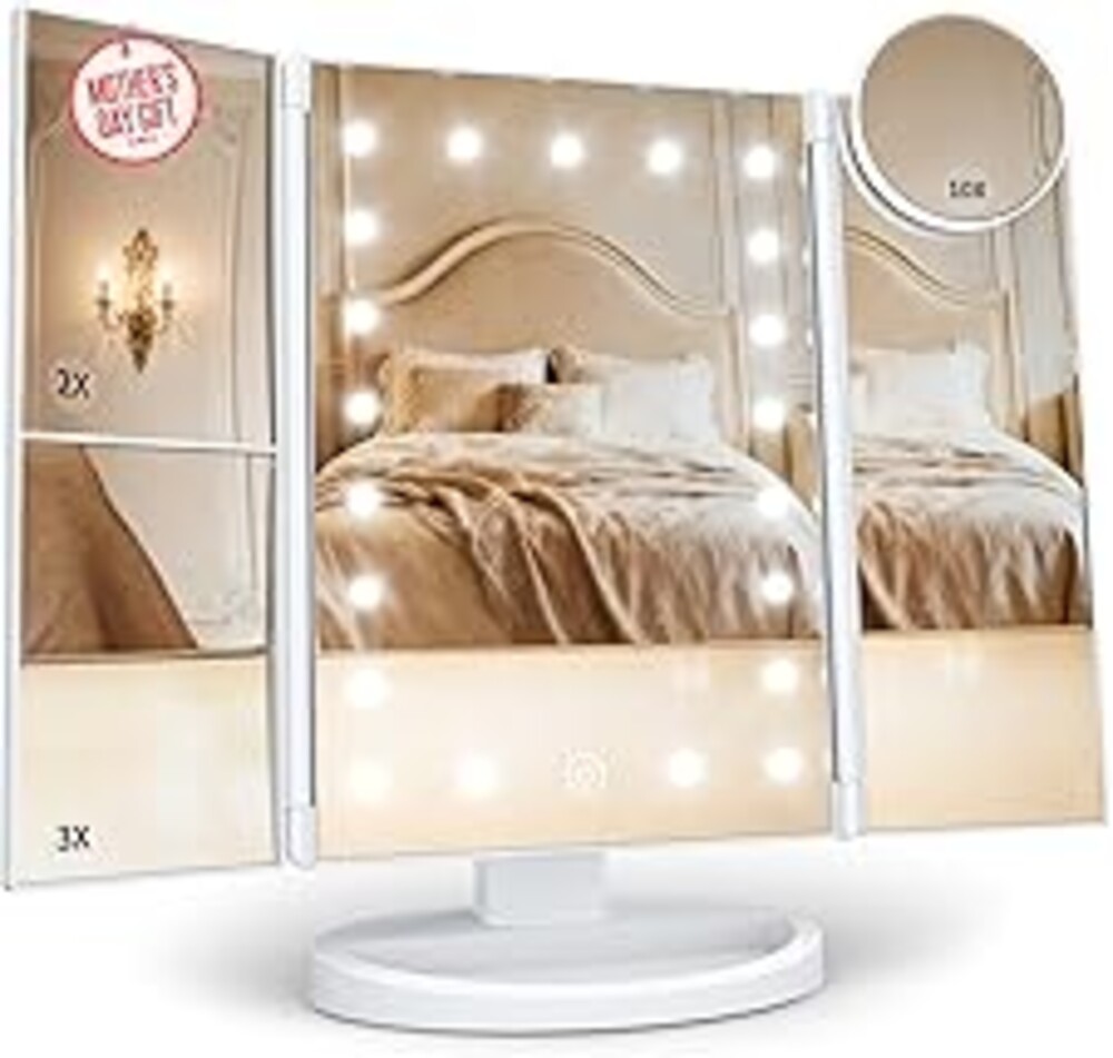 HUONUL Makeup Mirror, Gifts for Mom Mothers Day, Vanity Mirror with Lights, 2X/3X/10X Magnification, Touch Control, Trifold, Dual Power Supply, Birthday Gifts for Women, Girls, Dorm Room Essentials