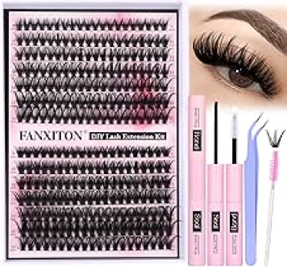 FANXITON DIY Individual Eyelash Extension Kit, Thick Volume Lash Clusters 40D+50D D Curvature, 280 Pieces Thin Band Cluster Lashes with Bond and Seal Tweezers