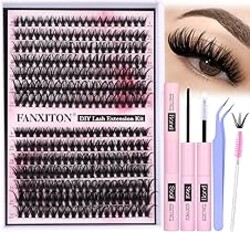 FANXITON DIY Individual Eyelash Extension Kit, Thick Volume Lash Clusters 40D+50D D Curvature, 280 Pieces Thin Band Cluster Lashes with Bond and Seal Tweezers