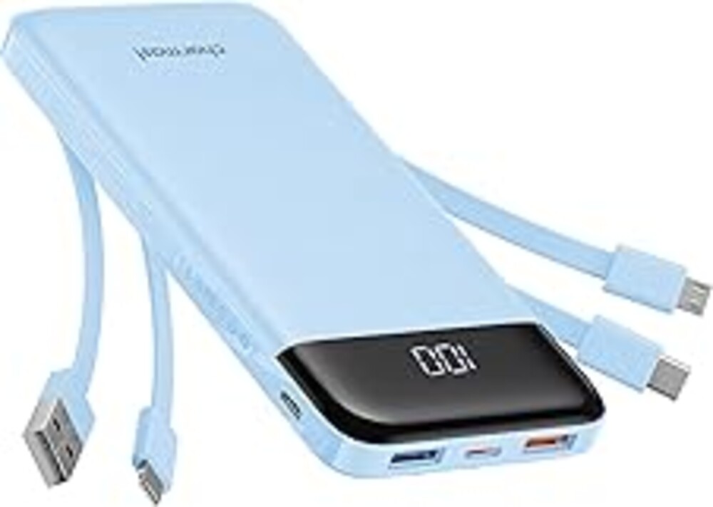 Charmast Portable Charger with Built in Cables, Power Bank with Cords Wires, Slim 10000mAh Travel Battery Pack 6 Outputs 3 Inputs 3A Fast Charging for Samsung Google Pixel LG Moto iPhone iPad