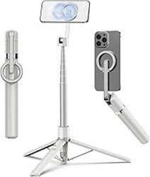 TONEOF 68" Magnetic Selfie Stick Tripod with Aluminum Strong Magnetic Holder for Magsafe, 360° Rotatable Travel Phone Tripod Stand with Metal Ring & Rechargeable Remote for iPhone/Android(Beige Gray)