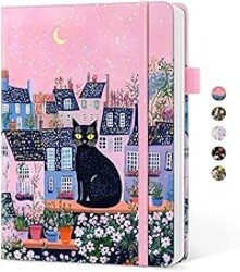Taja Aesthetic Lined Journal for Women, Pretty 6" x 8" Notebook for Work & Note with 160 College Ruled Pages, Hardcover Leather Notebook for Journaling, Note Taking, Bible Study, Moonlit Cat