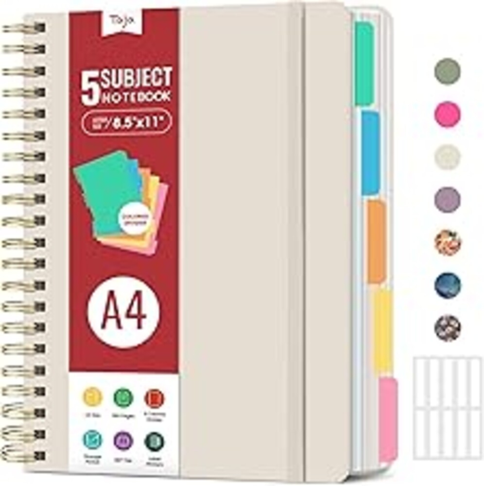 Hardcover Spiral Journal Notebooks for Work With Removable Dividers & Tabs, 8.5"x11" 5 Subject Notebook for Note Taking & Organizer, A4 College Ruled Lined Journal for Women & Writing, Grey Beige, 280 Pages