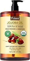 Yoken Organic Jojoba Oil 16oz, USDA Certified Cold Pressed for Skin Care