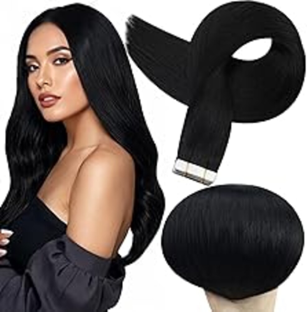 Full Shine Tape ins Human Hair Extensions 22Inch Black Remy Hair Extension Real Human Hair Seamless Skin Weft for Long Extension 20Pcs 50G Tape in Double Sided Tapes for Wedding Add Length